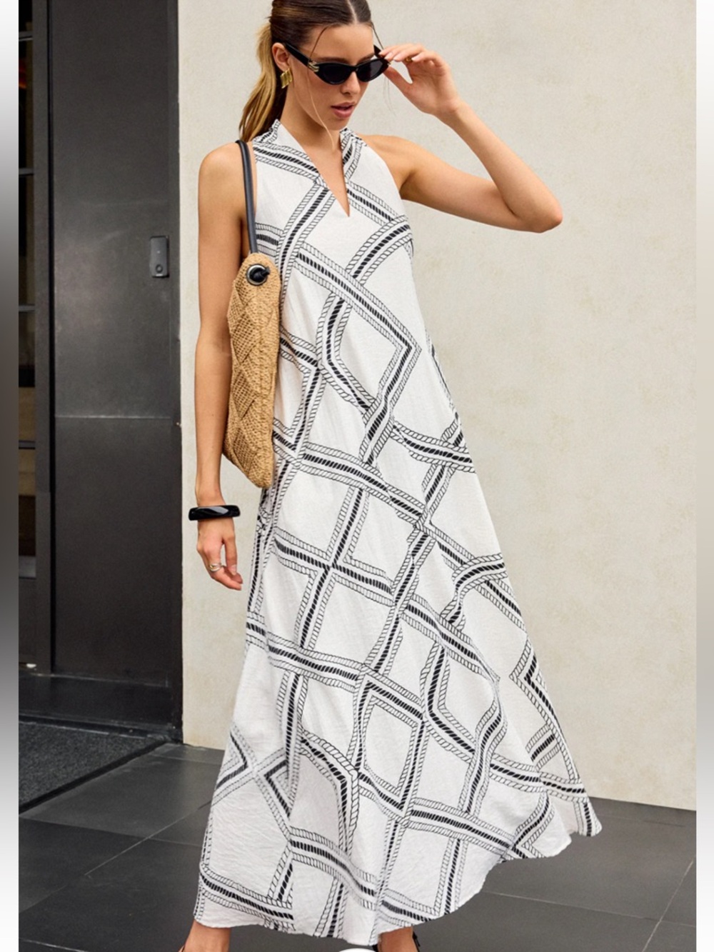Commense Geometric Print Halter Maxi Dress Size XS Oversized NWT